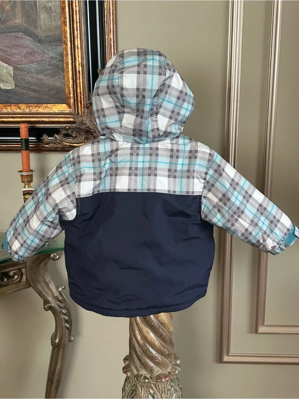 Carter’s Baby Polar Bear Winter Jacket Plaid Navy Fleece Lined Hooded 18M